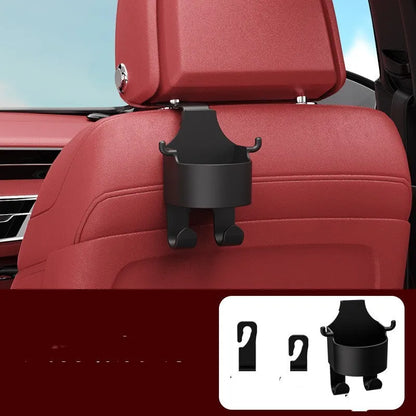Black plastic car seat back hook organiser with cup holder compartment