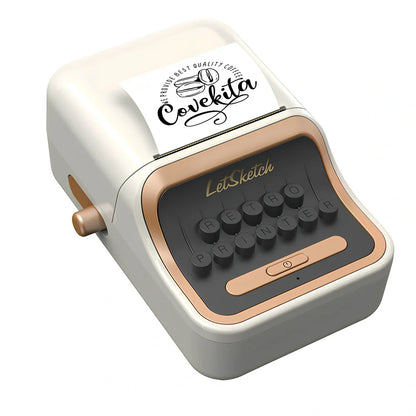 Portable thermal Bluetooth label printer measuring 135x92x60mm with included adhesive label rolls