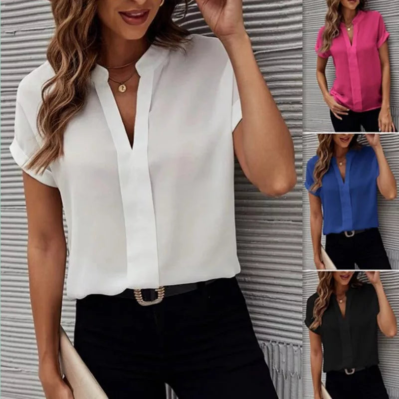 Women's V-neck short-sleeve chiffon shirt in white, red, black, and blue
