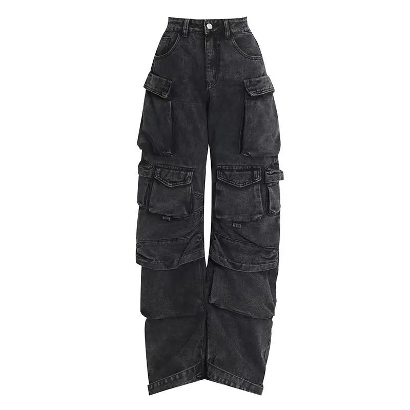 Women's high waist tie-dyed wide leg denim trousers with multiple pockets in street hipster style
