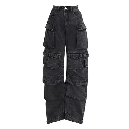 Women's high waist tie-dyed wide leg denim trousers with multiple pockets in street hipster style