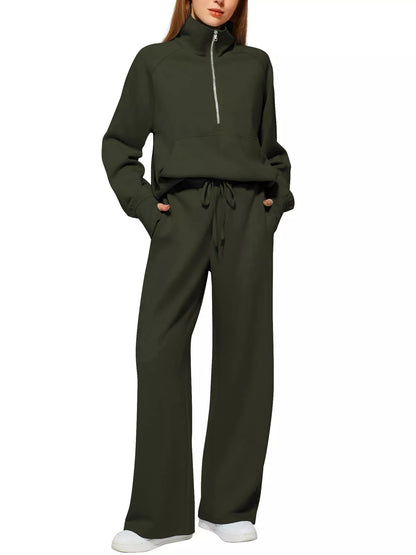 Women's solid color long-sleeved sweater trousers suit in polyester, available in multiple colors