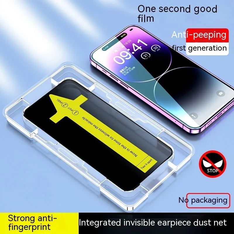 Tempered glass screen protector for iPhone with sticker box, available in HD clear or 28° anti-peep styles.
