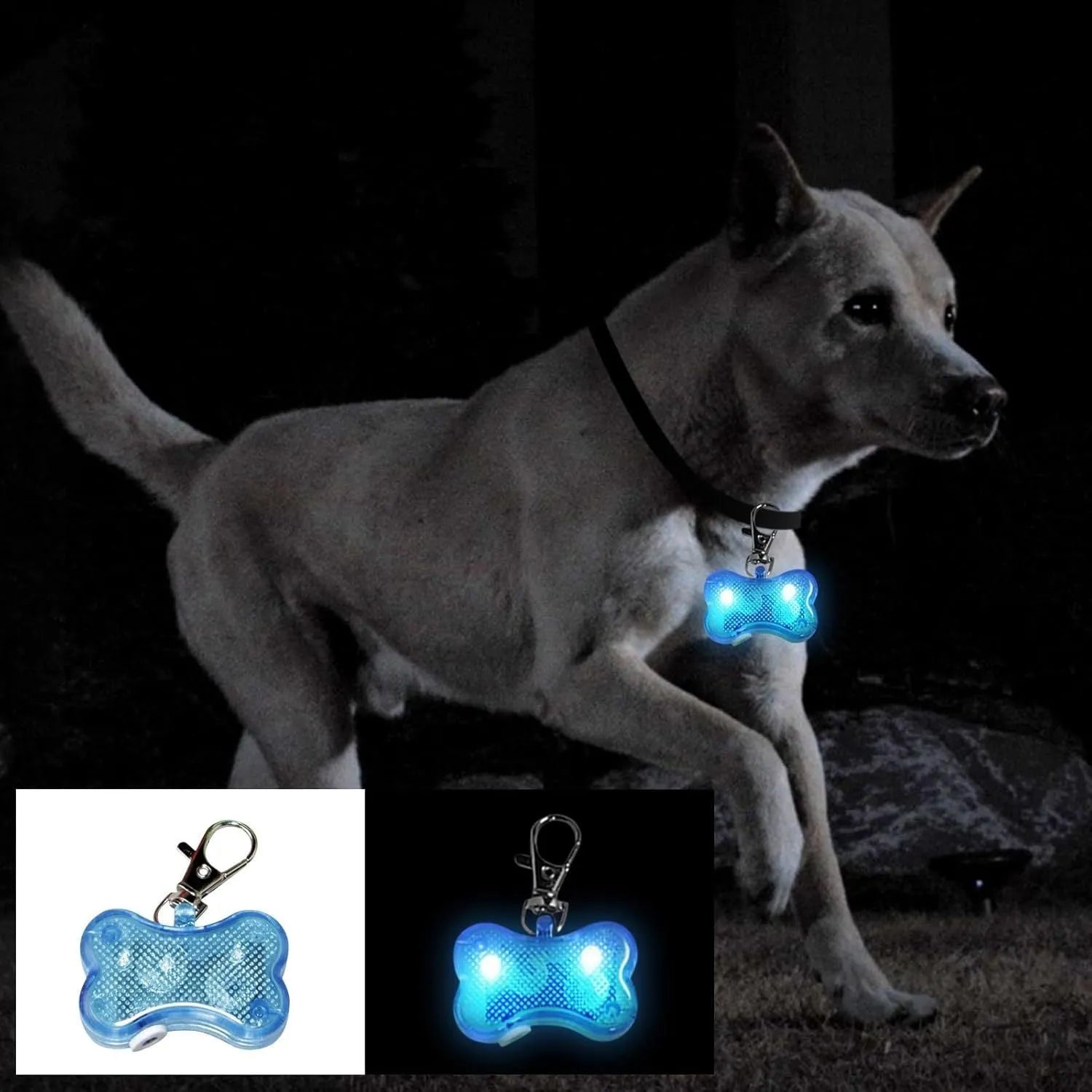 Blue LED bone-shaped pet pendant attached to a collar, showing dimensions of 4cm by 3cm