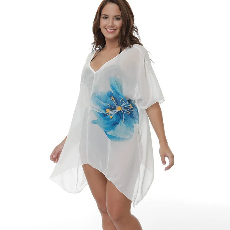 White plus size loose beach cover-up blouse for sun protection.