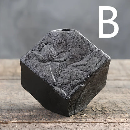 Handmade stoneware Zen Chinese flower arrangement vase with floating lotus device on wooden table