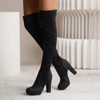 Women's elastic suede over-the-knee boots with high square heel in black and pink