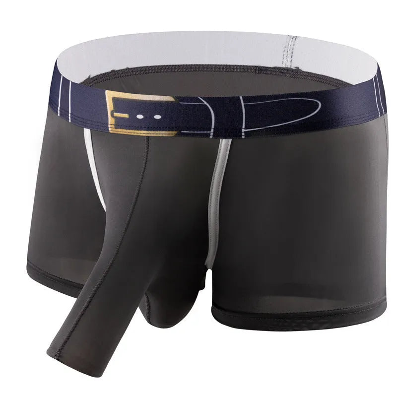 A pair of men's solid colour ice silk boxers on a mid waist model.