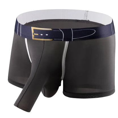 A pair of men's solid colour ice silk boxers on a mid waist model.