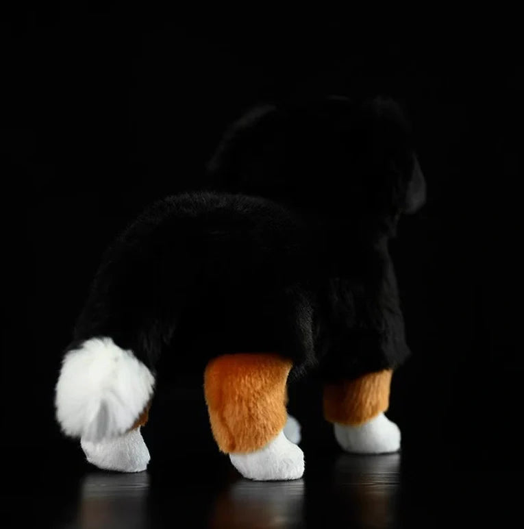 Black Bernese Mountain Dog plush toy showing 29cm length and accurate breed proportions