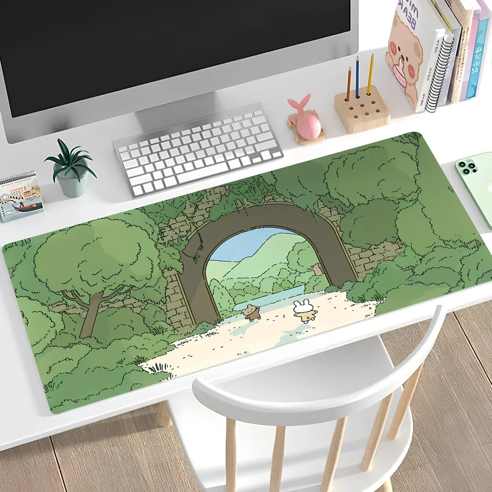 Large non-slip mouse pad with lock edge in Cherry Blossom Tower design, 900x400x4mm natural rubber base for desk stability