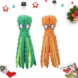 Blue octopus plush dog toy with tentacles, unfilled design with crinkle paper and squeaker sounds