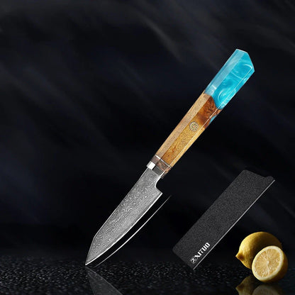 Six-piece Damascus steel kitchen knife set showing distinctive wave patterns on blades and pakkawood handles