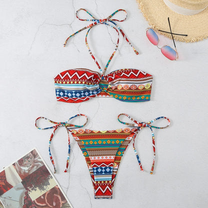 Women's green stripe halterneck bikini swimsuit with high-cut briefs