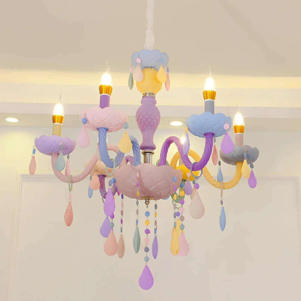 Macaron crystal glass pendant lamp with multiple heads providing bedroom illumination