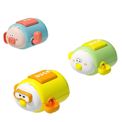 Children's wind-up bath toy measuring 8.2x9.4x5cm with chain attachments in blue pig design