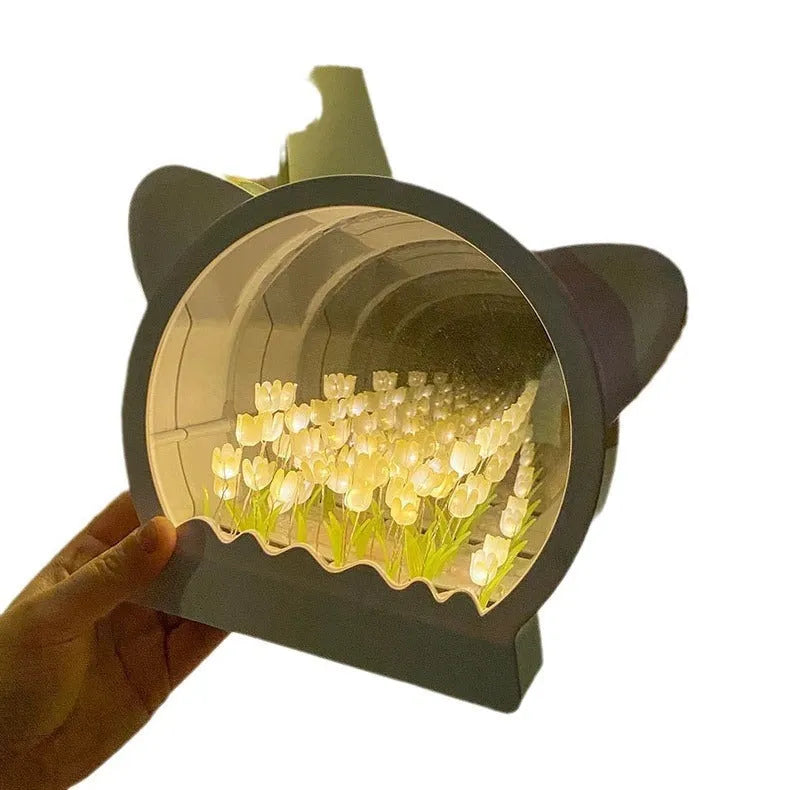 Handmade DIY cat head shaped night lamp decorated with pink tulip flowers