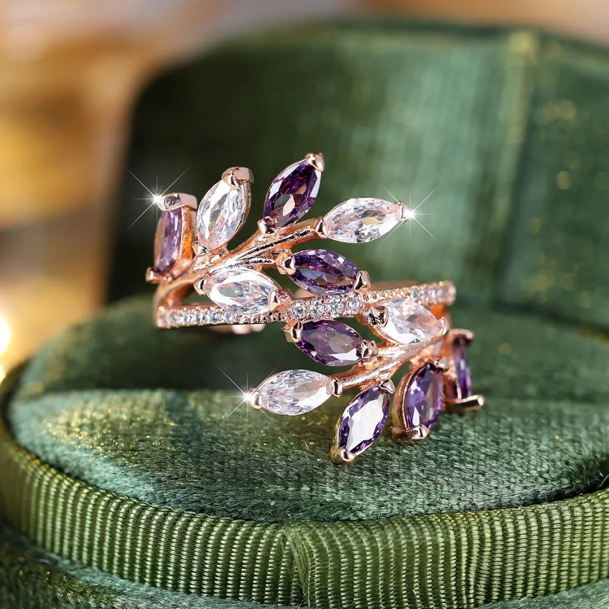Horse Eye Zircon Leaf Ring with adjustable opening in rose gold purple white diamond colour on a hand