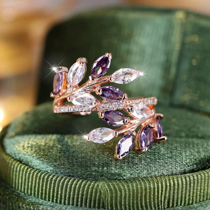 Horse Eye Zircon Leaf Ring with adjustable opening in rose gold purple white diamond colour on a hand