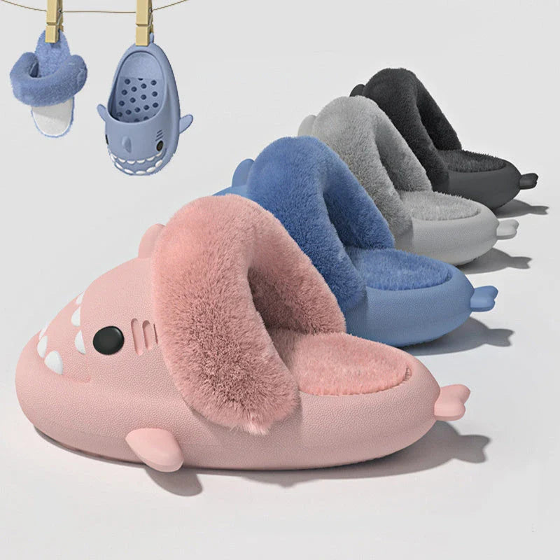 Cozy and stylish shark-themed house slippers with a plush, fuzzy upper and a durable, non-slip sole