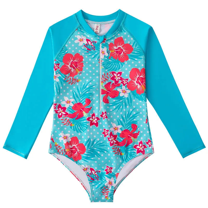 Girl's long-sleeve one-piece swimming suit in a briefs style on a hanger.