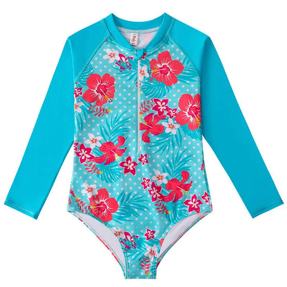 Girl's long-sleeve one-piece swimming suit in a briefs style on a hanger.