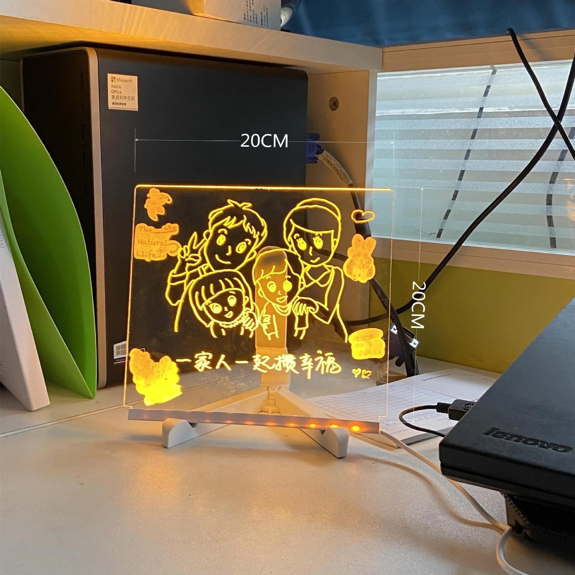 Acrylic DIY Note Board LED Night Light with colorful pens on a desk