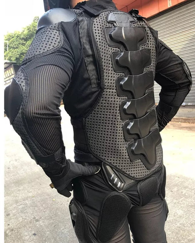 Black motorcycle armor jacket with fall protection, sizes M to 3XL