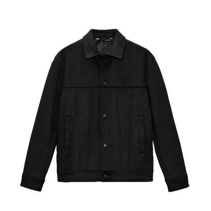 Black men's hooded jacket with a suede collar and side seam pockets.
