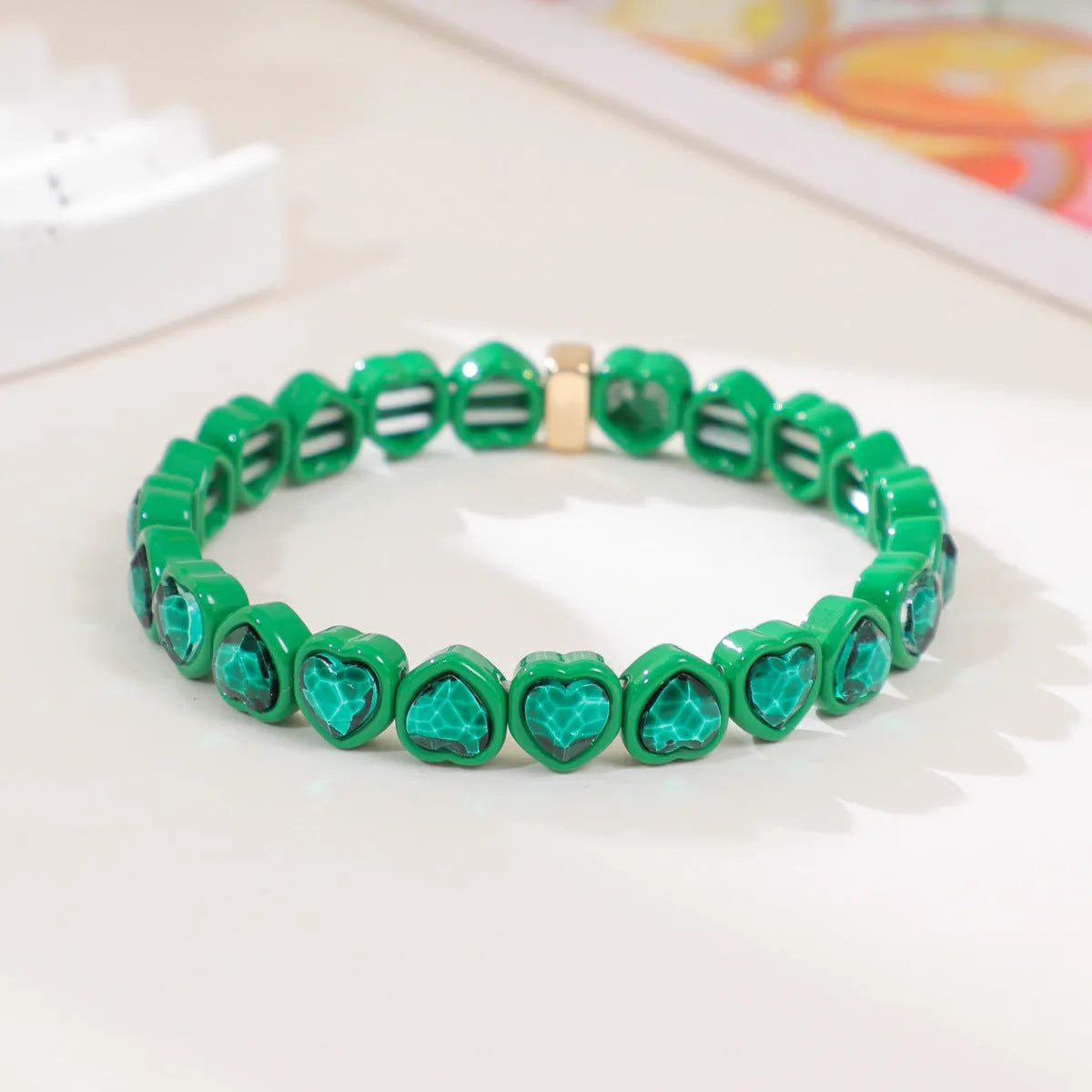 Rainbow enamel heart-shaped stretch bracelet in alloy with diamond process surface