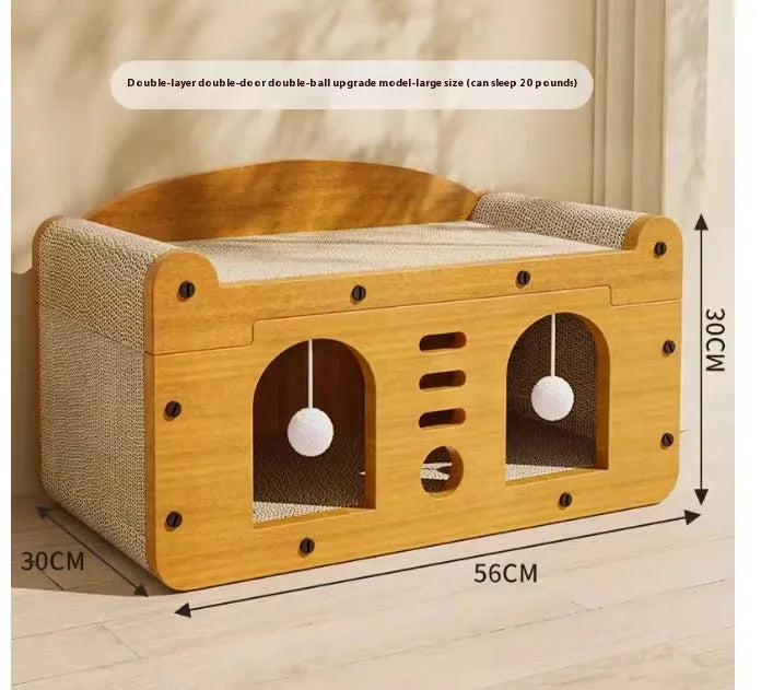 Double layer corrugated paper cat house in Double Ball Double Door design for indoor cats