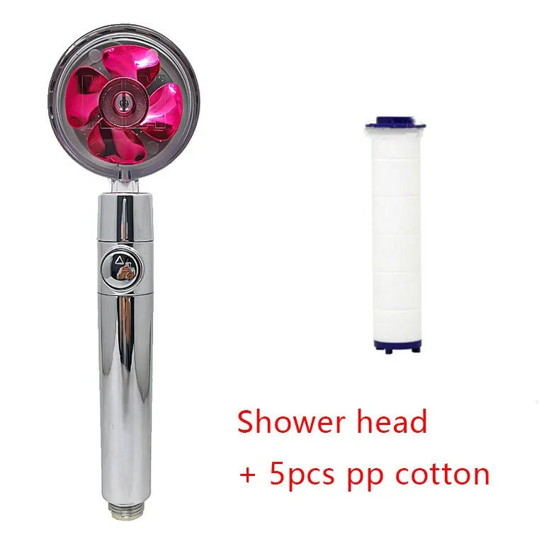 Chrome-finished ABS plastic water-saving shower head with a round, rotating spray head.