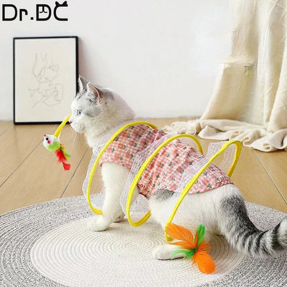 Folded Cat Tunnel S Type with Spring Toy Mouse for interactive cat play