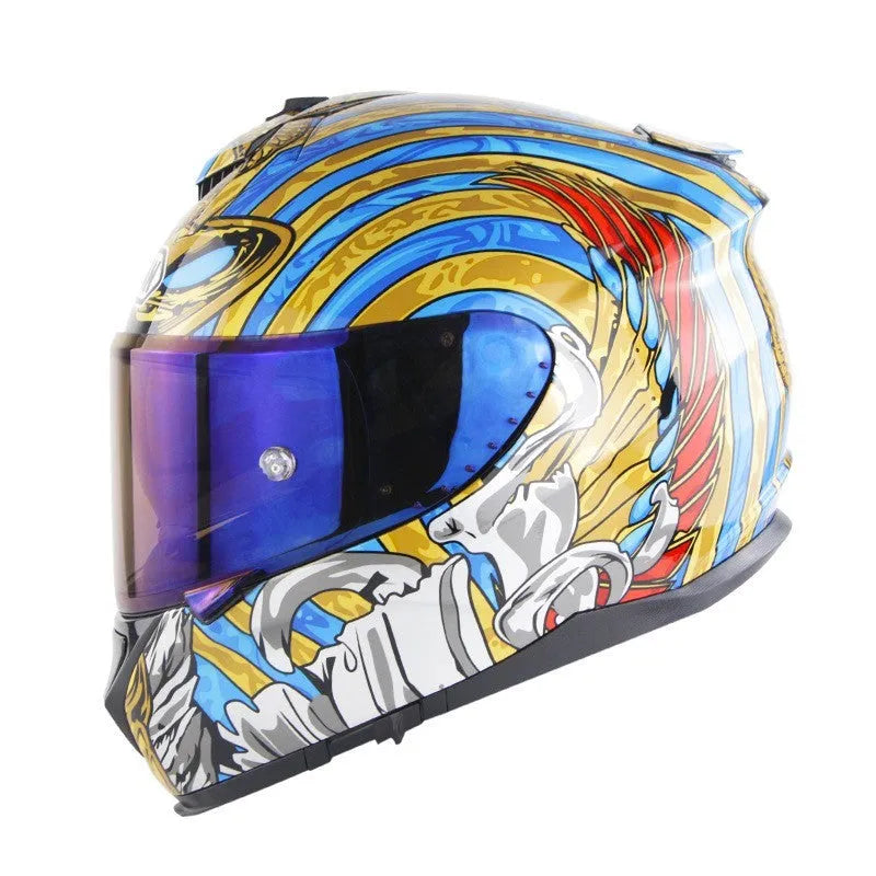 Motorcycle full face helmet with double lens in ABS construction showing colour variant options