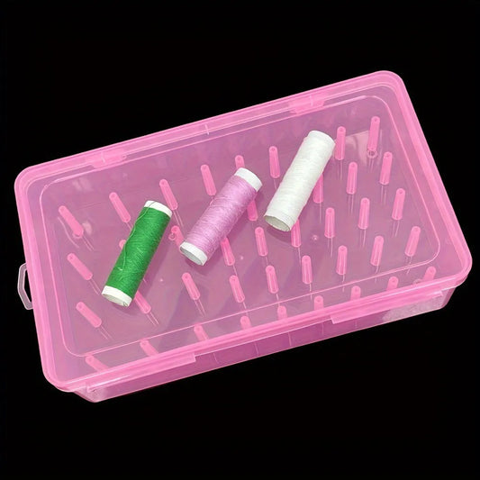 Transparent plastic sewing storage box with 42 labelled compartments for needles and threads