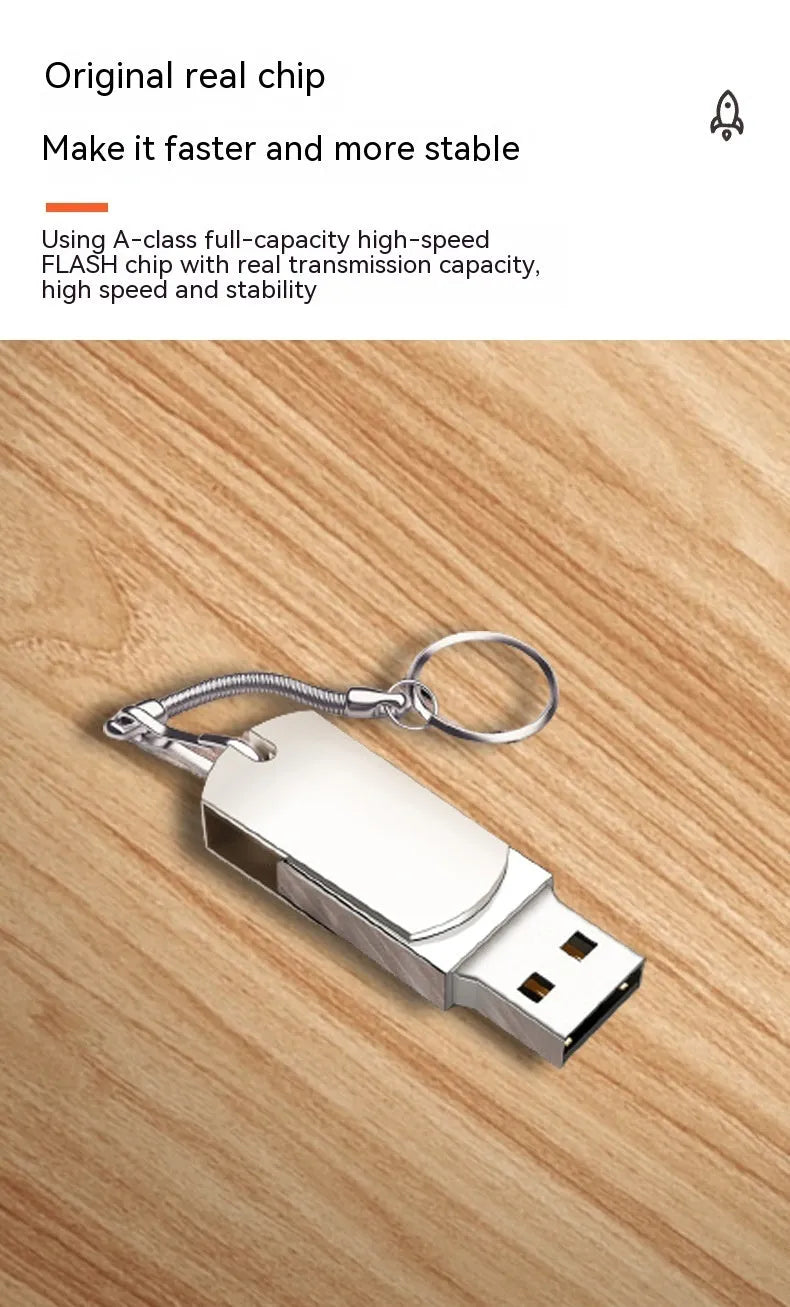Small white metal USB flash drive with rotation mechanism showing USB connector