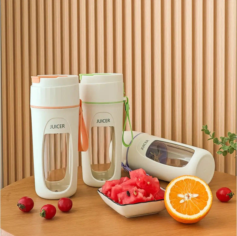 USB rechargeable portable juicer cup with glass liner in grass green, light purple, or fresh orange.