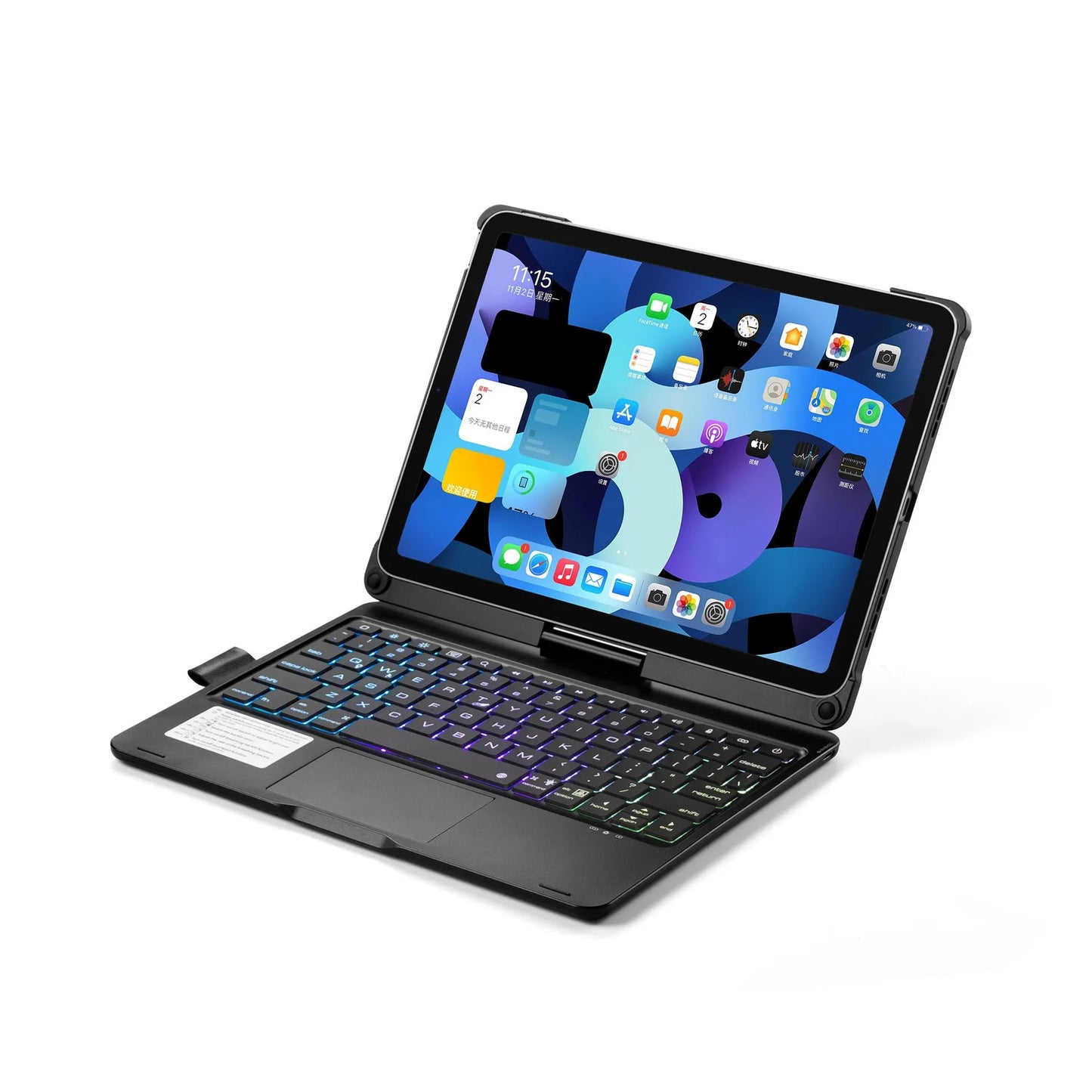 Rotating Bluetooth keyboard with backlight for iPad Pro and iPad Air tablets in black, silver, and rose gold.