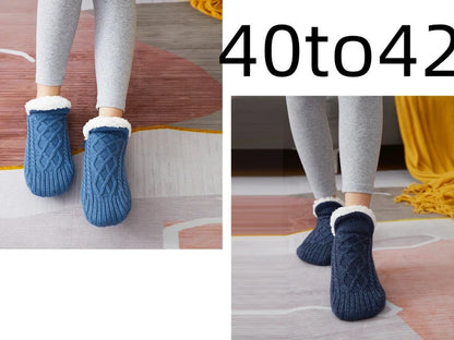 Winter woolen socks with V-opening design and anti-slip dots on soles in navy blue colour