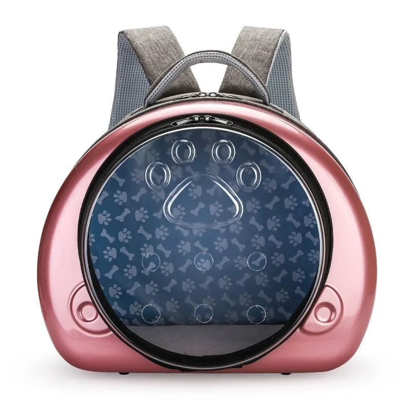 Transparent space capsule cat carrier with metallic front cover in choice of rose gold, silver, or champagne gold