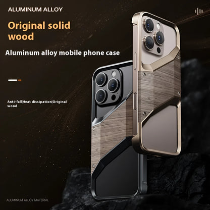 Wood and aluminium alloy iPhone case in dark grey and desert gold, half-pack hollow design for heat dissipation