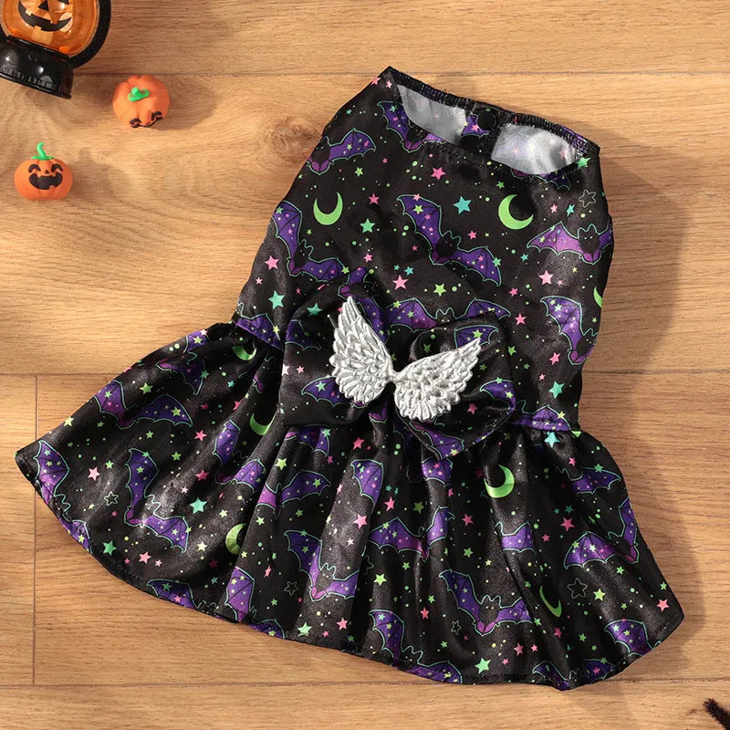 Angel wings Halloween dog costume in bright pumpkin or bat design, lightweight polyester fabric, sizes S to XL