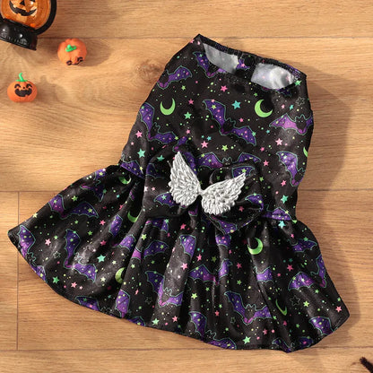 Angel wings Halloween dog costume in bright pumpkin or bat design, lightweight polyester fabric, sizes S to XL