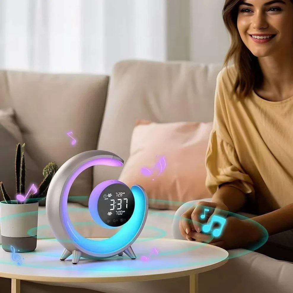 White noise dual alarm clock with heart shape, RGB display, and touch controls measuring 220x65x225mm