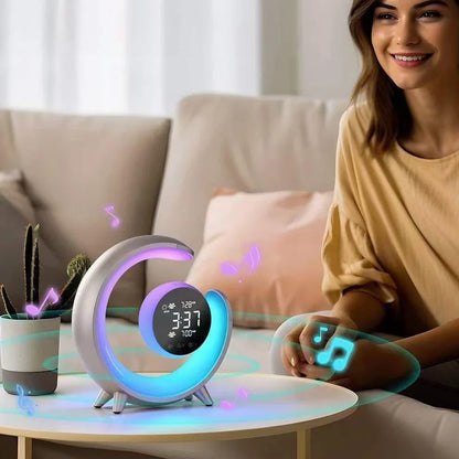 White noise dual alarm clock with heart shape, RGB display, and touch controls measuring 220x65x225mm