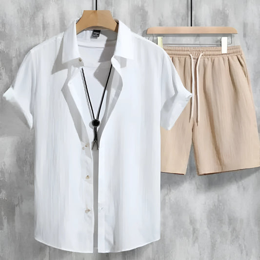 Men's 3D printed Hawaiian short sleeve shirt and matching shorts outfit set in elastic polyester fabric