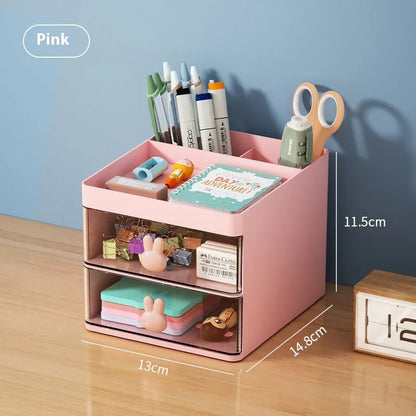 Transparent partitioned desktop storage box with drawer design for organising cosmetics and stationery