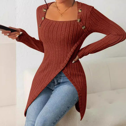 Women's square collar knitted top with button design in various colors
