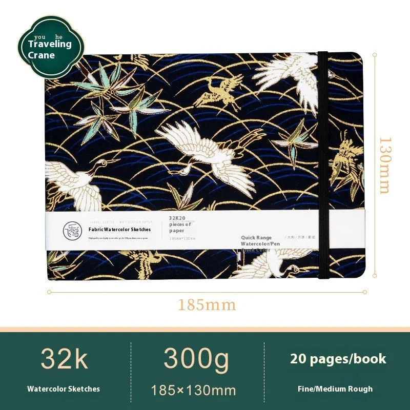 Feiluniao watercolour notebook with fabric cover, 185mm length, open to show paper for painting.