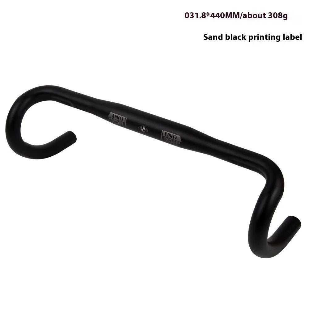 Black UNO road bike aluminium racing handlebar with small bent profile showing 31.8mm clamp markings